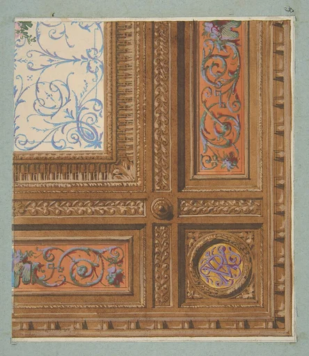 Design for the painted decoration of a coffered ceiling with initials: VR