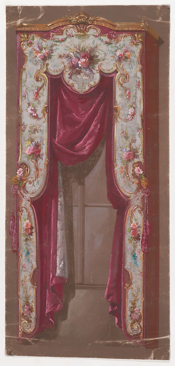 Design for a Valance in with Thin Bushes and Garlands of Flowers and a Shell Motif with a Hanging Curtain — Anonymous, French, 19th century