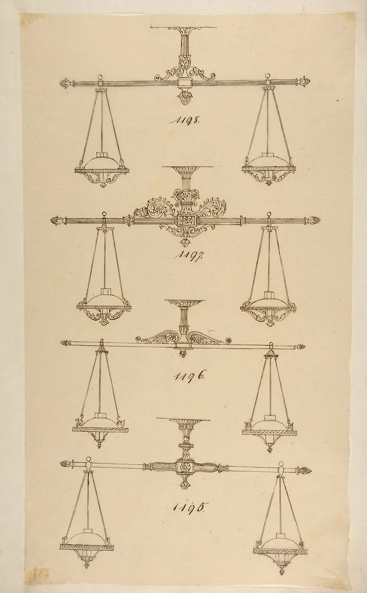 Four Designs for Hanging Light Fixtures — Anonymous, French, 19th century