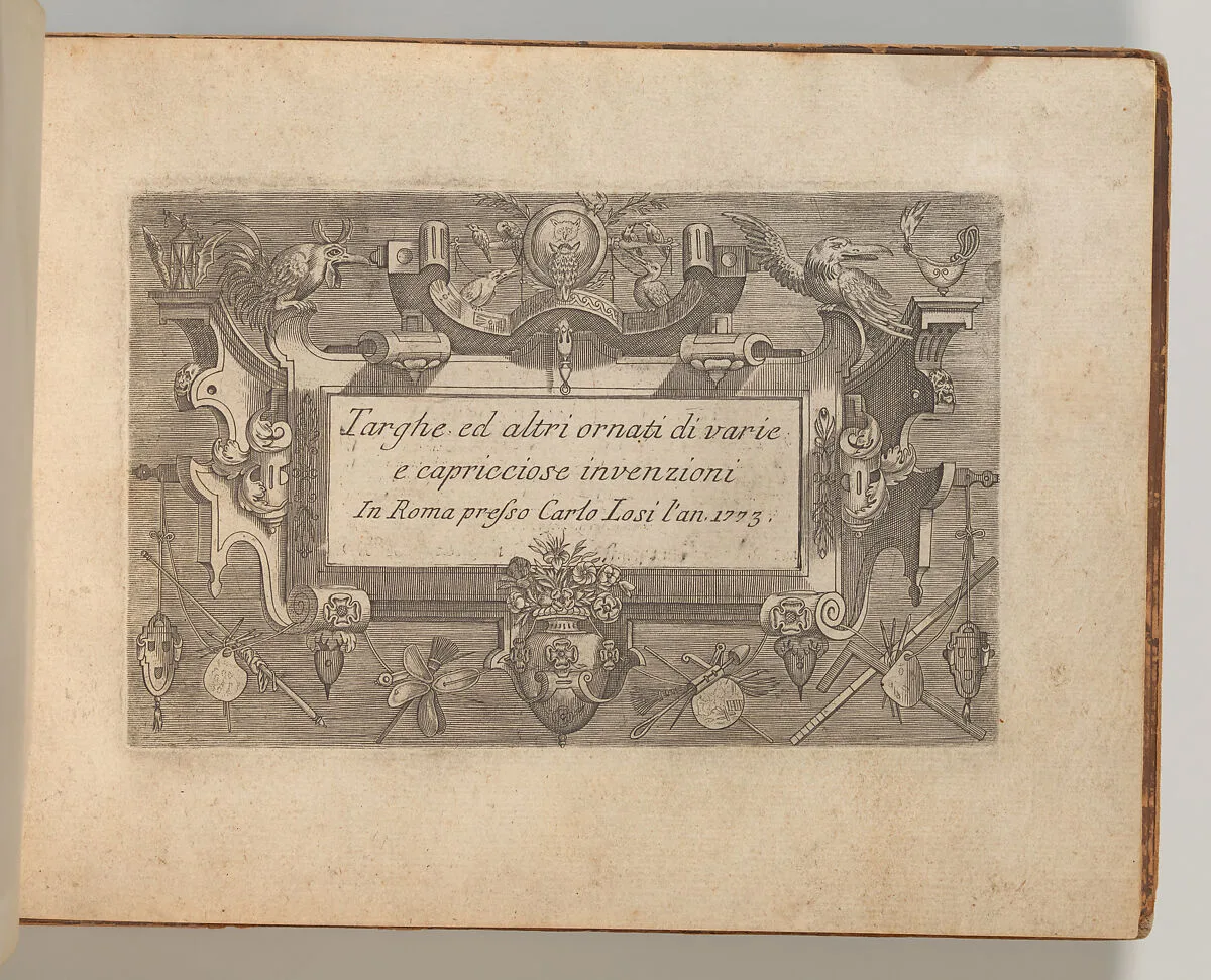 Targhe ed altri ornati di varie e capricciose invenzioni (Cartouches and other ornaments of various and capricious invention, page 1) — Carlo Losi|Jacob Floris