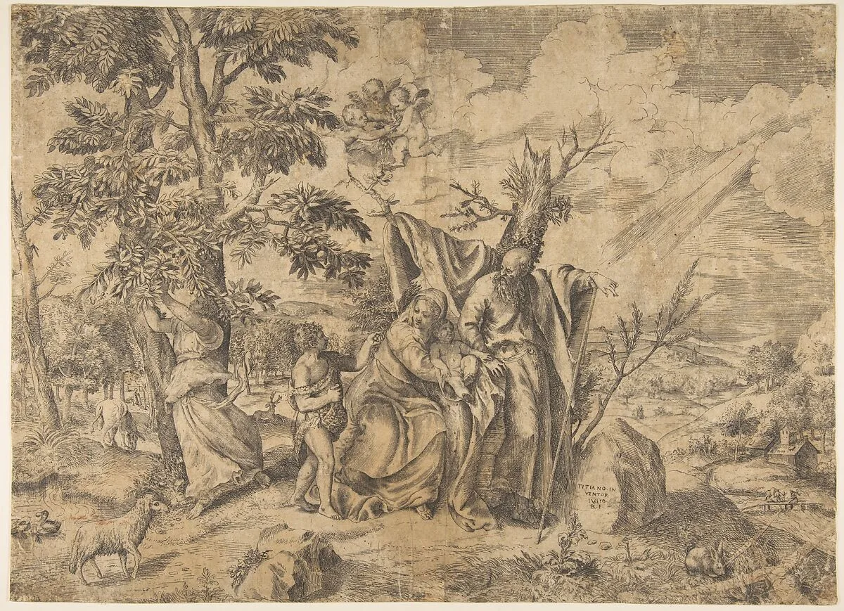 The Rest on the Flight into Egypt, Joseph at right, the Virgin holds the Christ Child in the centre, other figures to the left — Giulio Bonasone|Titian (Tiziano Vecellio)