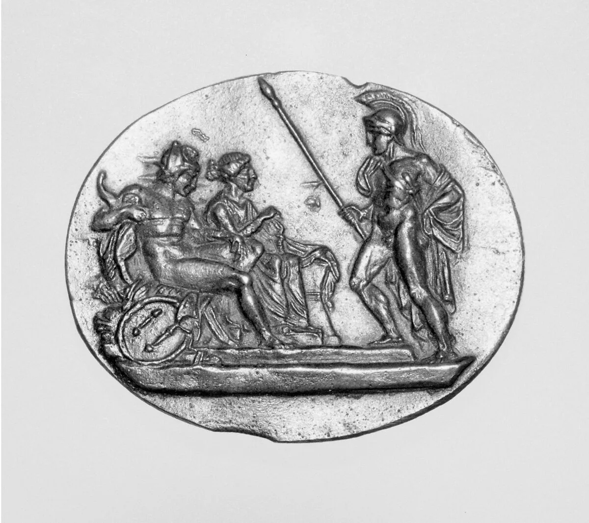 Warrior standing before a seated couple — Unknown