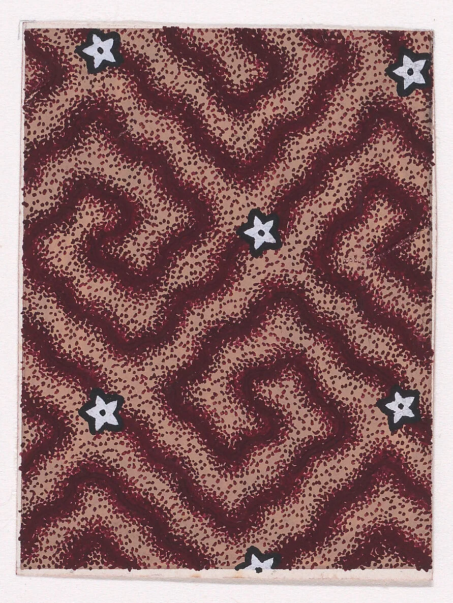 Textile Design with Alternating Rows of Rosettes with Triangular Petals over a Labyrinth-Like Pattern — Anonymous, Alsatian, 19th century