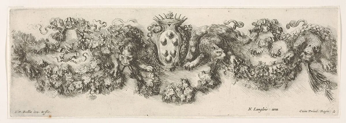 Plate 2: Design for a Frieze with Felines holding up a Garland and the Medici Coat of Arms in the Center, Plate 2 from: 'Decorative friezes and foliage' (Ornamenti di fregi e fogliami) — Stefano della Bella|Nicolas Langlois