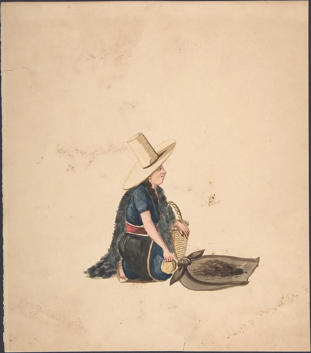 A Woman Kneeling Selling Produce — Anonymous, Peruvian, 19th century
