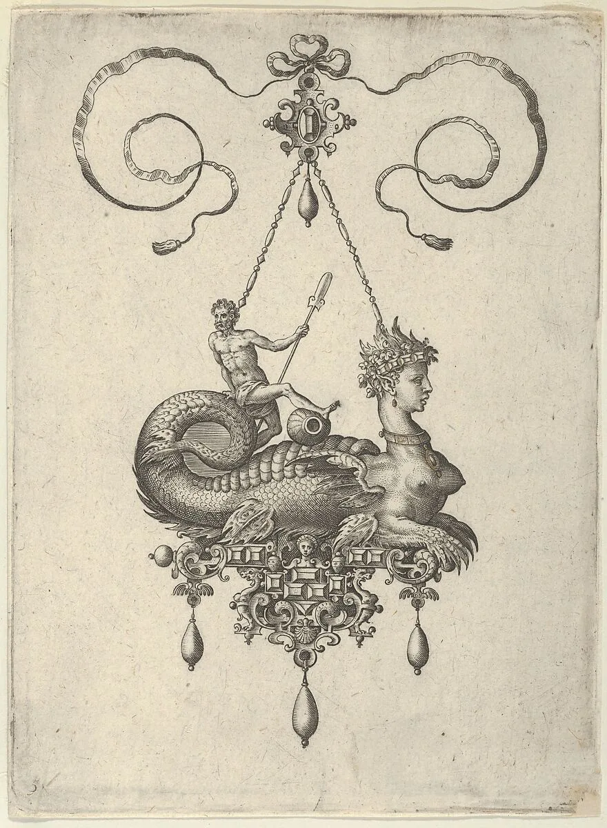 Pendant Design with a Sphinx with the Body of a Fish Carrying a Man with an Oar — Jan Collaert I|Philips Galle|Adriaen Collaert
