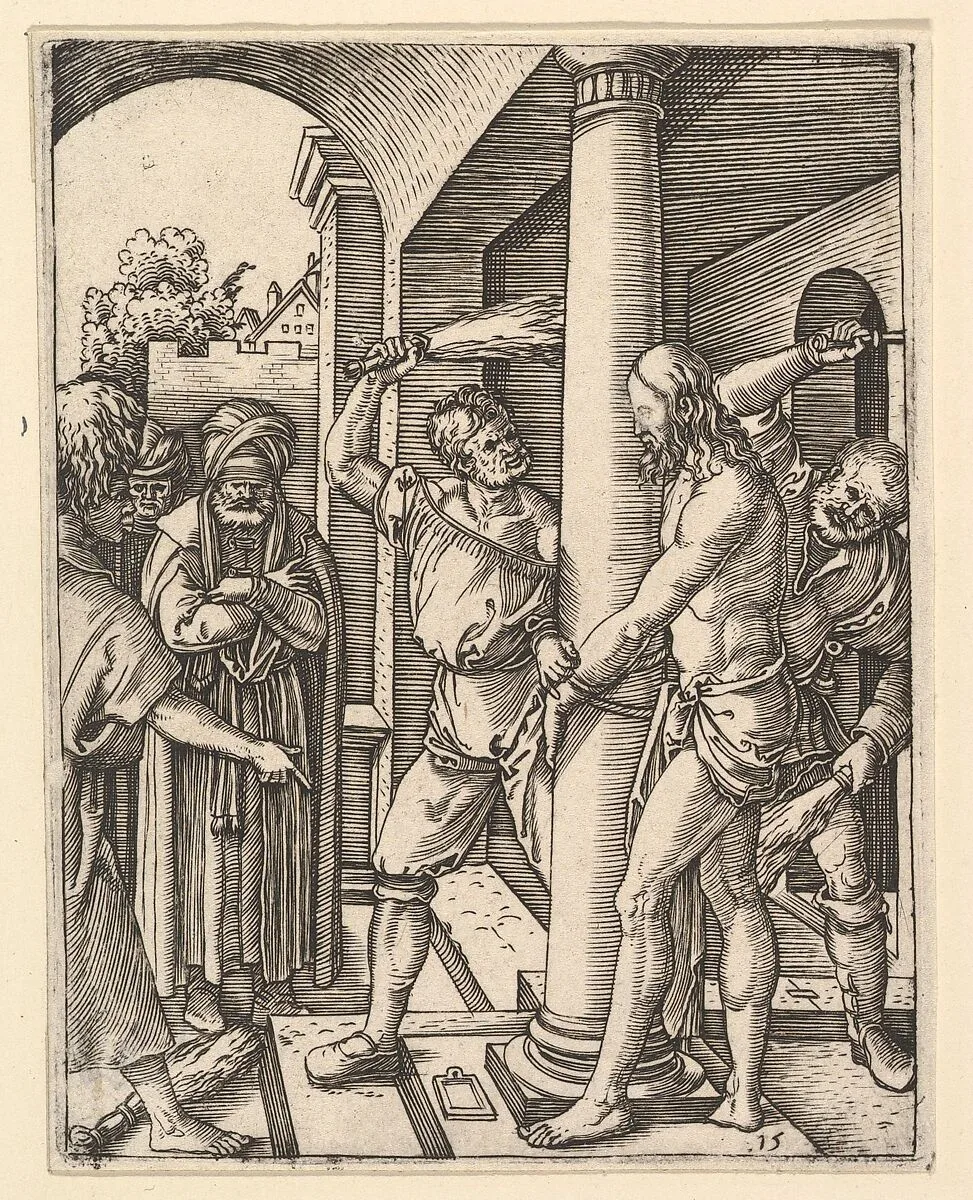 The Flagellation: Pilate stand under archway on left watching two men flagellate figure of Christ tied to column — Marcantonio Raimondi|Albrecht Dürer