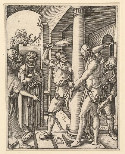 The Flagellation: Pilate stand under archway on left watching two men flagellate figure of Christ tied to column