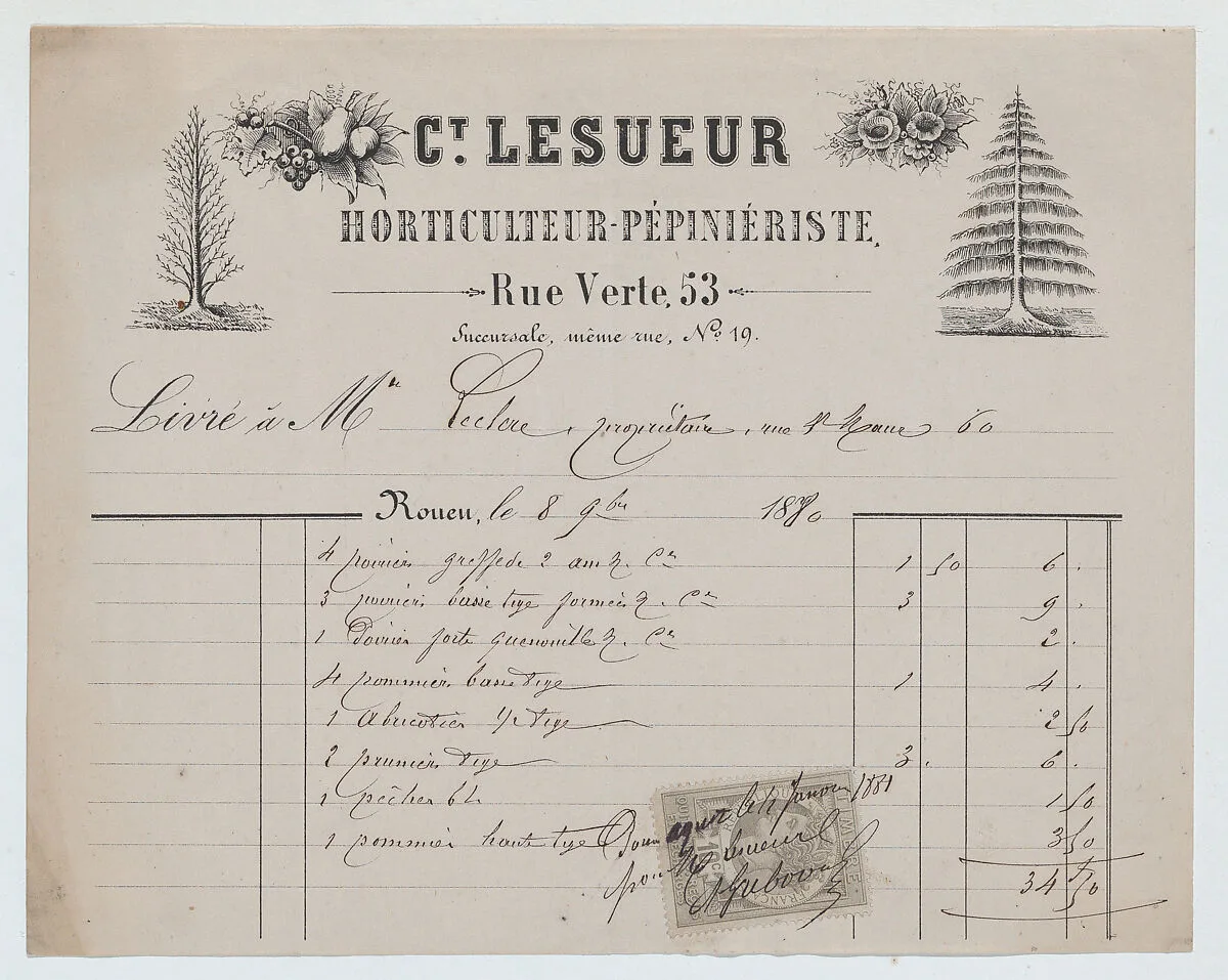 Invoice from Ct. Lesueur, horticulture-nursery, Rouen, for fruit trees — Lesueur Horticulteur-Pépiniériste