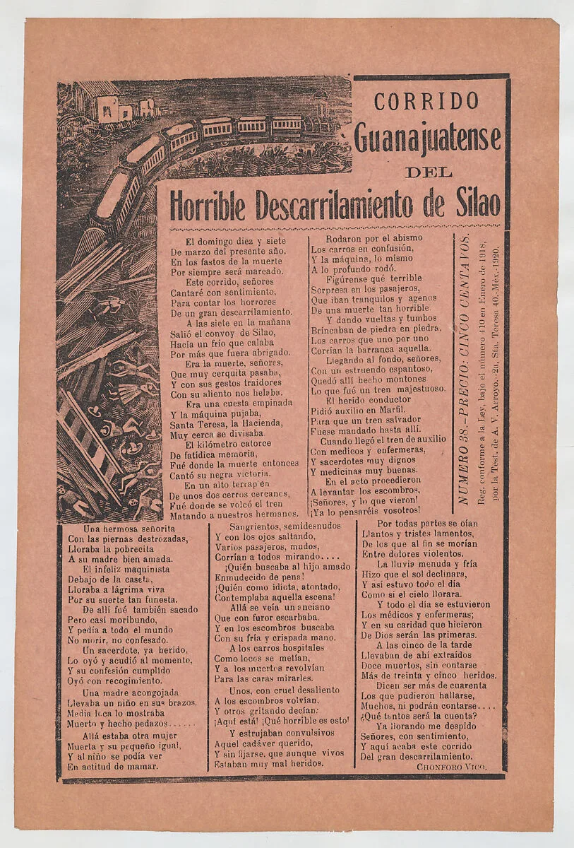 Broadsheet relating to a train accident in Guanajuatense and the many fatalities — Antonio Vanegas Arroyo|José Guadalupe Posada