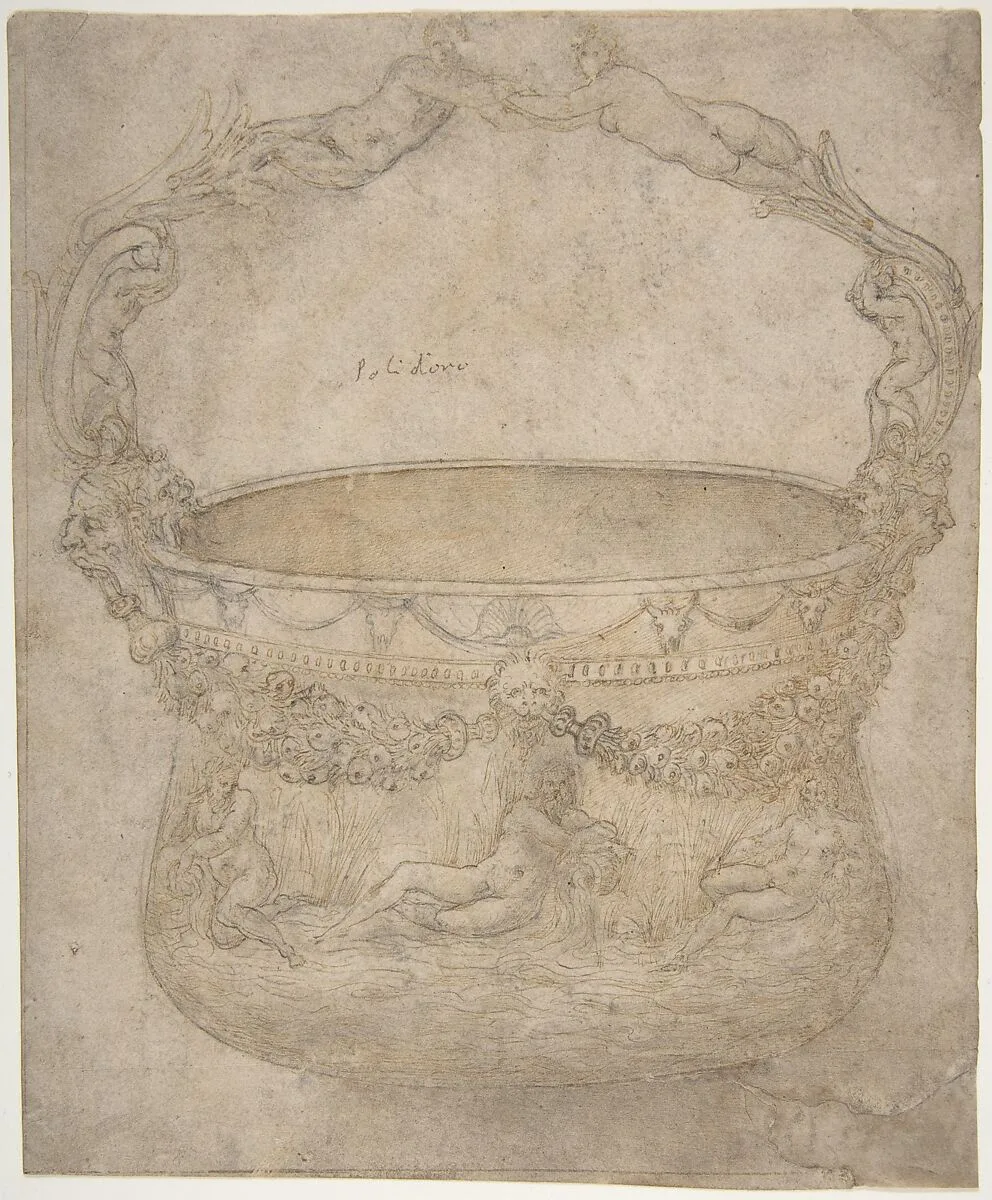 Design for a Bucket-Like Vessel with a Handle of Interlaced Figures, on a Body Adorned with Bucrania, Garlands, and Three River Gods — Girolamo Genga