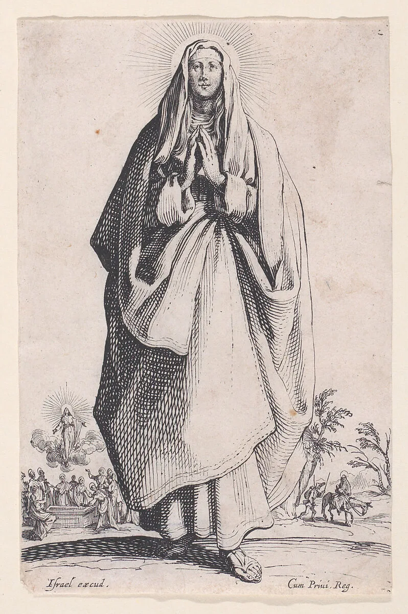 The Virgin Mary, from Les Grands Apôtres Debout, Représentant Le Sauveur, La Bienheureuse Marie et Les Saints Apostles (The Large Standing Apostles, Representing The Savior, The Blessed Mary and The Apostles) — Jacques Callot|Israël Henriet