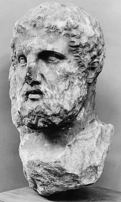 Marble head of a bearded man from a grave marker — Unknown