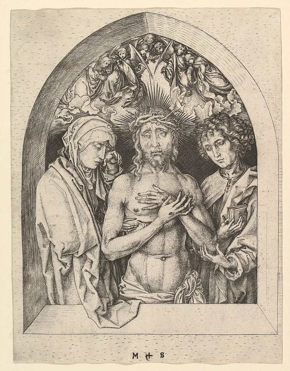 Christ as the Man of Sorrows with the Virgin and St. John — Martin Schongauer