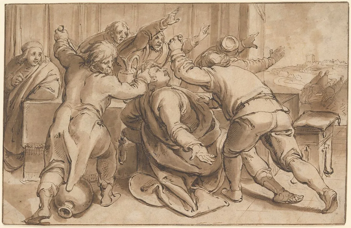 The Servants of Absalom killing Amnon (2 Samuel 13, 28-29); verso: Sketch of a seated woman — Karel van Mander I|Anonymous, Dutch, 17th century