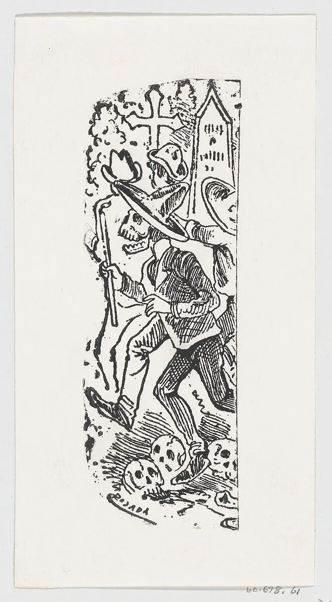 A skeleton running with a crowbar in his hand, from a broadside entitled ' Calavera llorando el hueso' — José Sanchez|José Guadalupe Posada