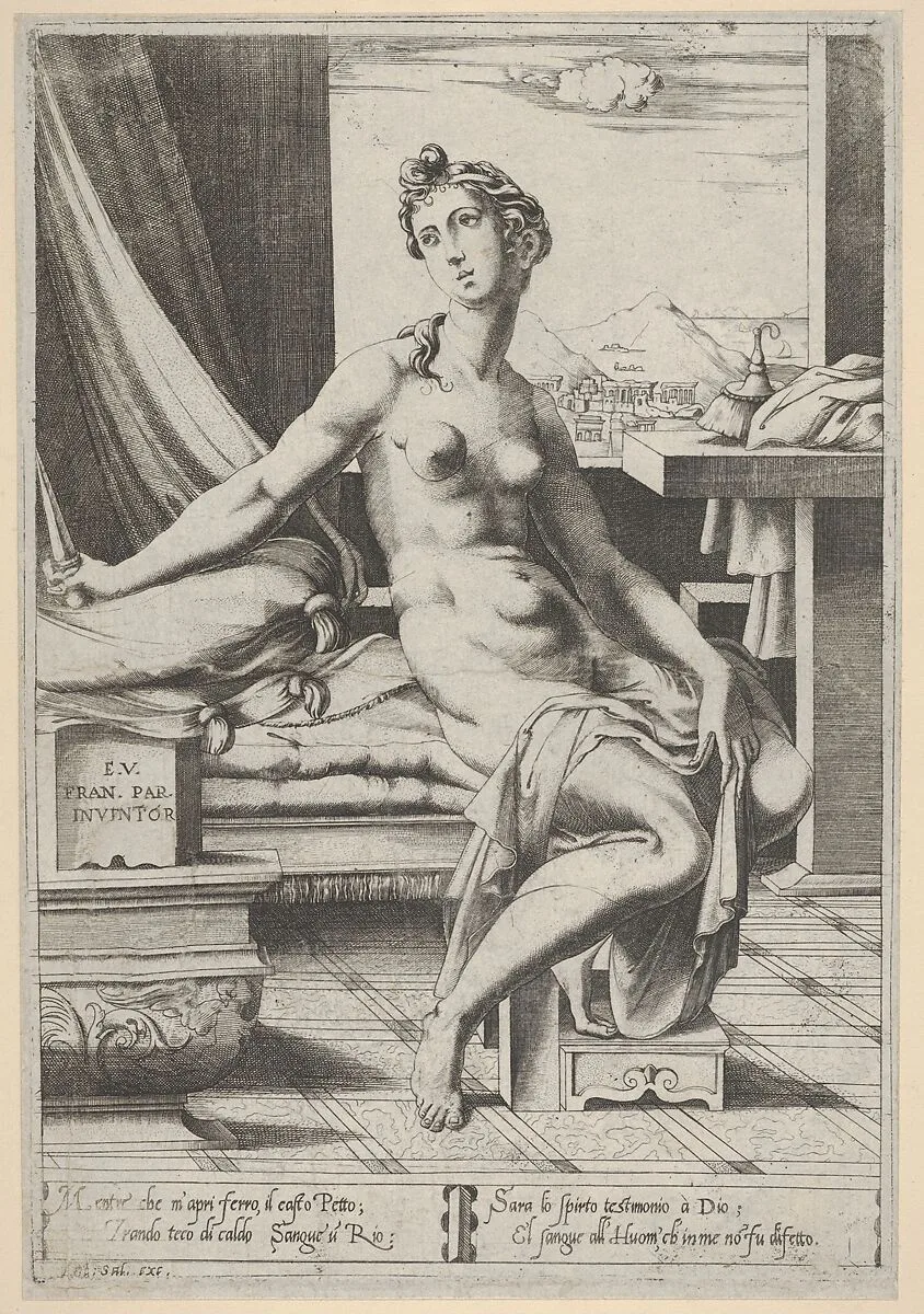 Lucretia naked and seated before a window, a dagger in her right hand and holding drapery in her left — Enea Vico|Antonio Salamanca|Parmigianino (Girolamo Francesco Maria Mazzola)