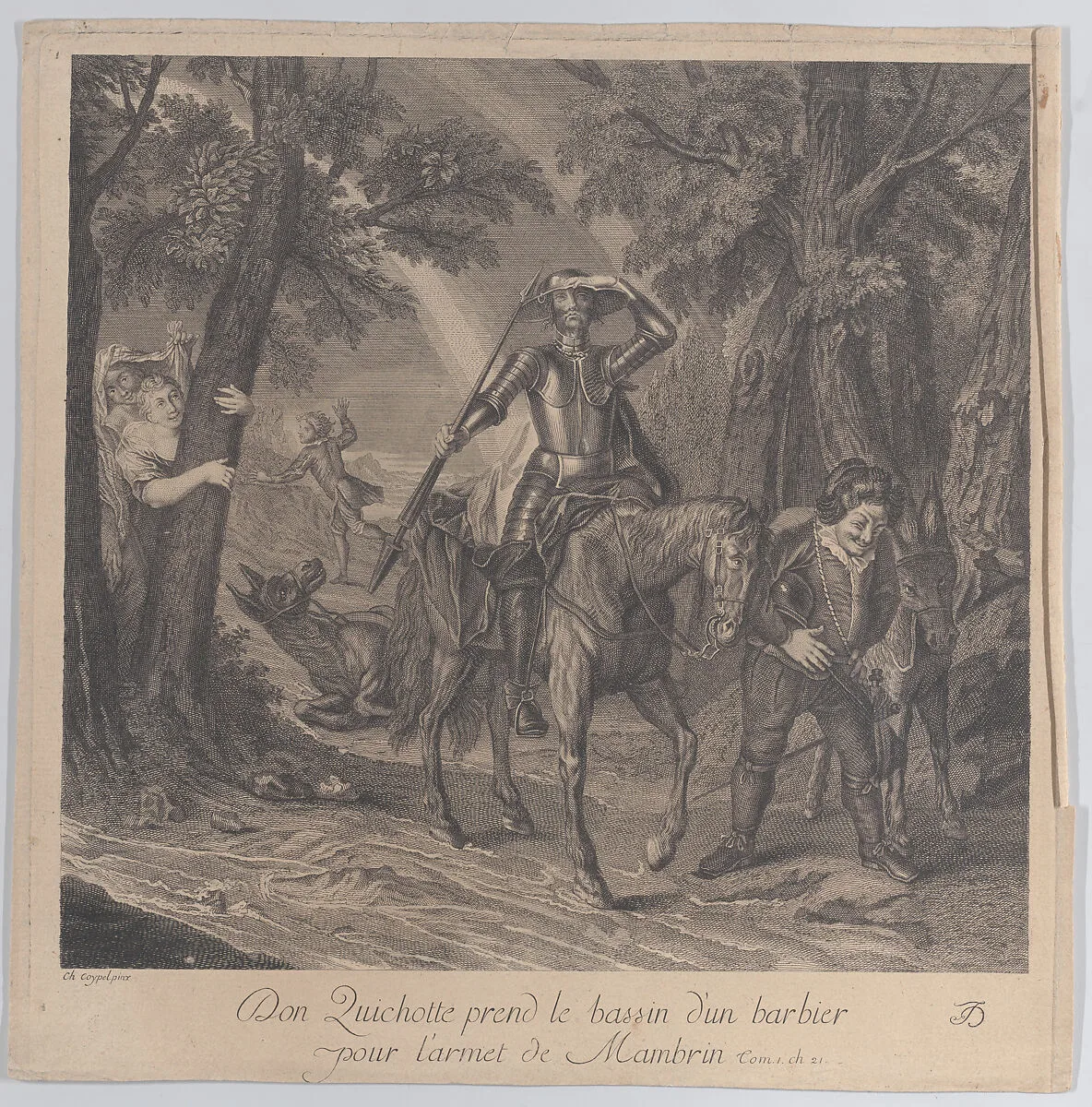 Don Quixote on horseback with a barber's bowl on his head as a hat — Charles Antoine Coypel|Louis Surugue