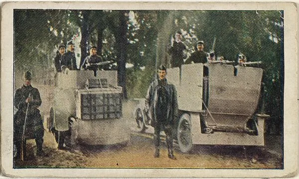 Card No. 43, The Mile-a-Minute Armored Autos of the Belgian Army, from the World War I Scenes series (T121) issued by Sweet Caporal Cigarettes — Underwood & Underwood|American Tobacco Company