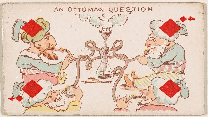 Four of Diamonds, An Ottoman Question, from Harlequin Cards, 2nd Series (N220) issued by Kinney Bros. — Kinney Brothers Tobacco Company