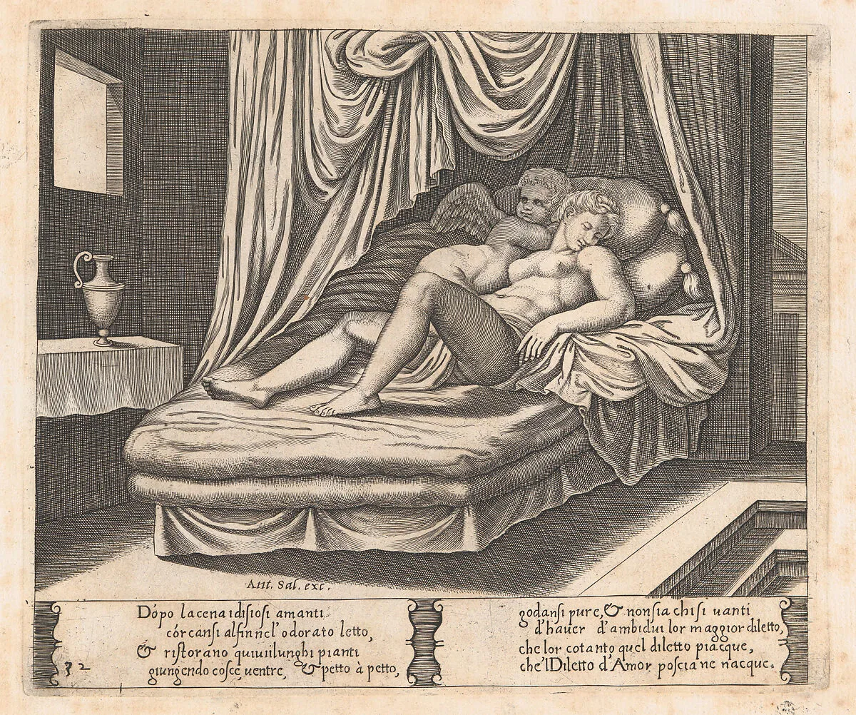 Plate 32: Cupid and Psyche in the nuptial bed, from "The Story of Cupid and Psyche as told by Apuleius" — Antonio Salamanca|Master of the Die|Michiel Coxie (I)