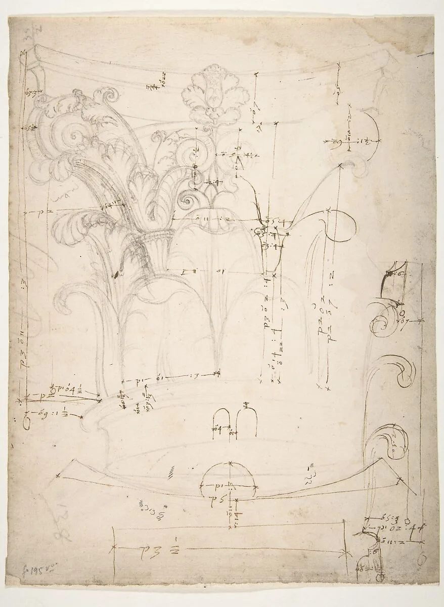 Unidentified Corinthian capital, elevation, section, and ceiling plan (recto) blank (verso) — Anonymous, French, 16th century
