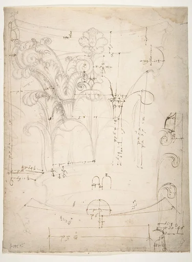 Unidentified Corinthian capital, elevation, section, and ceiling plan (recto) blank (verso)