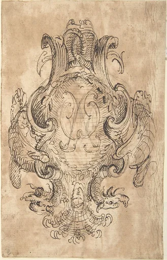 Design for a Coat of Arms with Two Dragons and Initials [?] in center (recto); Three Constructed Circles with Inscriptions (verso)