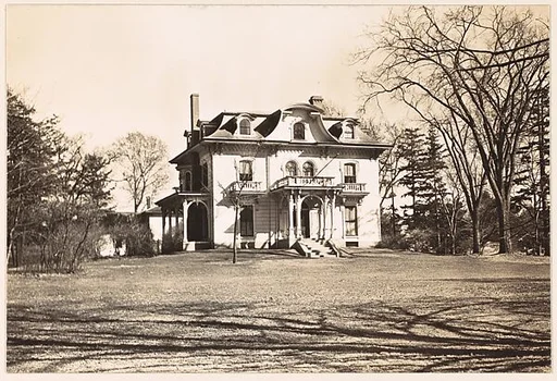 [Second Empire House with Bell-Shaped Pediment, From Across Lawn]
