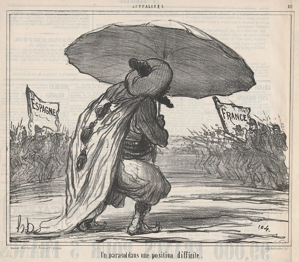 Un parasol dans une position difficule., from Actualités, published in Le Charivari, November 25, 1859 — Destouches|Aaron Martinet|Honoré Daumier