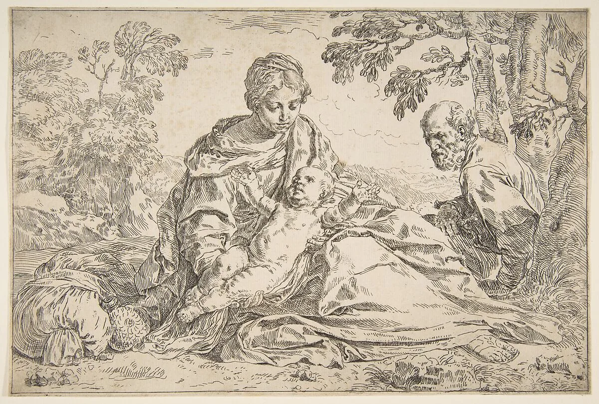 Rest on the flight into Egypt, Mary holding the infant Christ with St. Joseph at right — Simone Cantarini