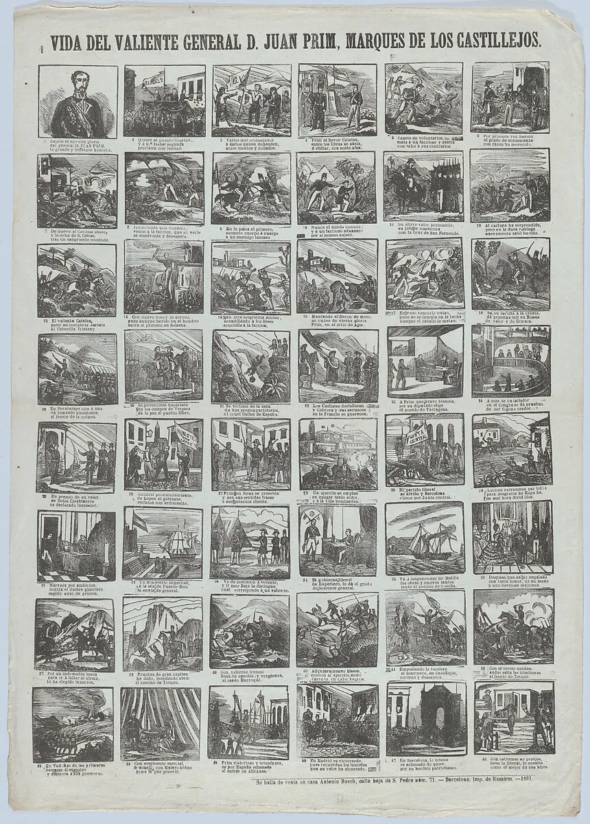 Broadside with 48 scenes relating to the life of General Juan Prim y Prats, 1st Marquis of Los Castillejos — Antonio Bosch