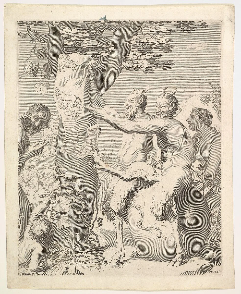 Two satyrs, traditionally known as the 'Mockers,' laughing and using their limbs to pin a drawing to a tree trunk, at left a smiling man points toward the drawing, at right is a laughing woman, a globe underneath one of the satyrs — Claude Mellan