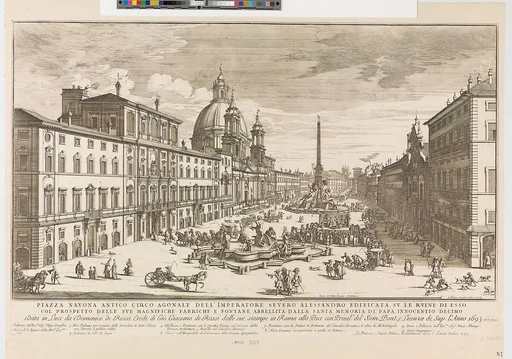 View of the Piazza Navona, Rome, with the church of St Agnese at left and Bernini's fountain in the middle