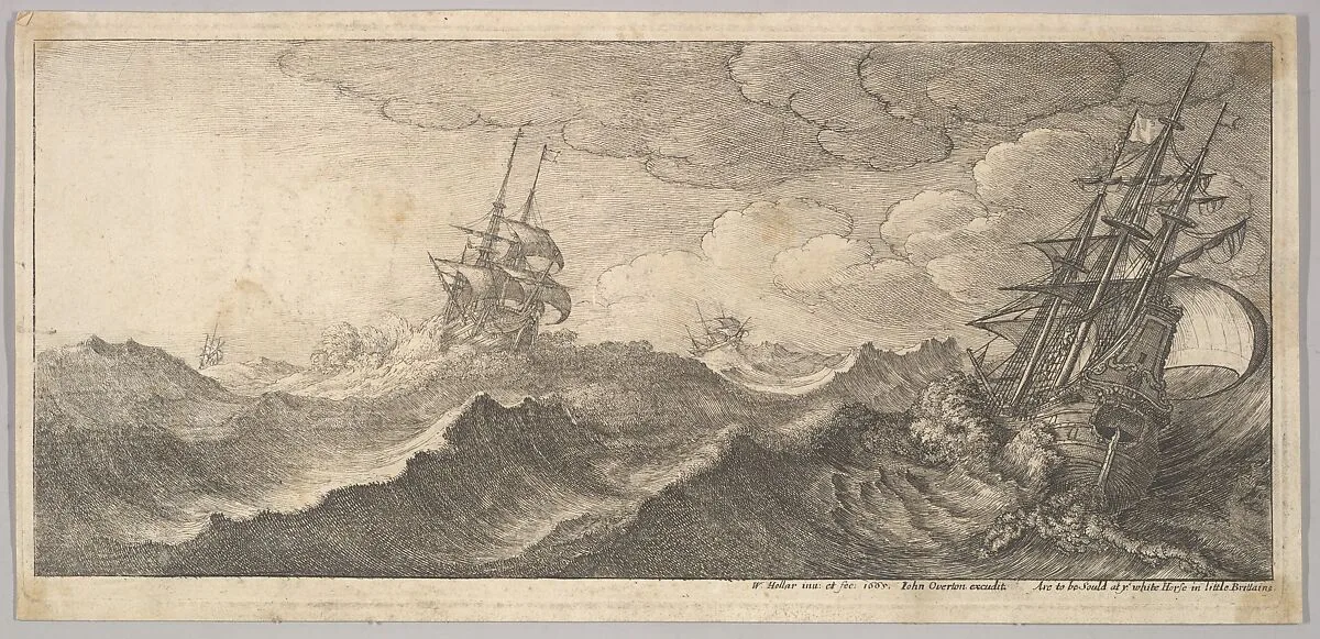 Warship in the trough of a wave — John Overton|Wenceslaus Hollar