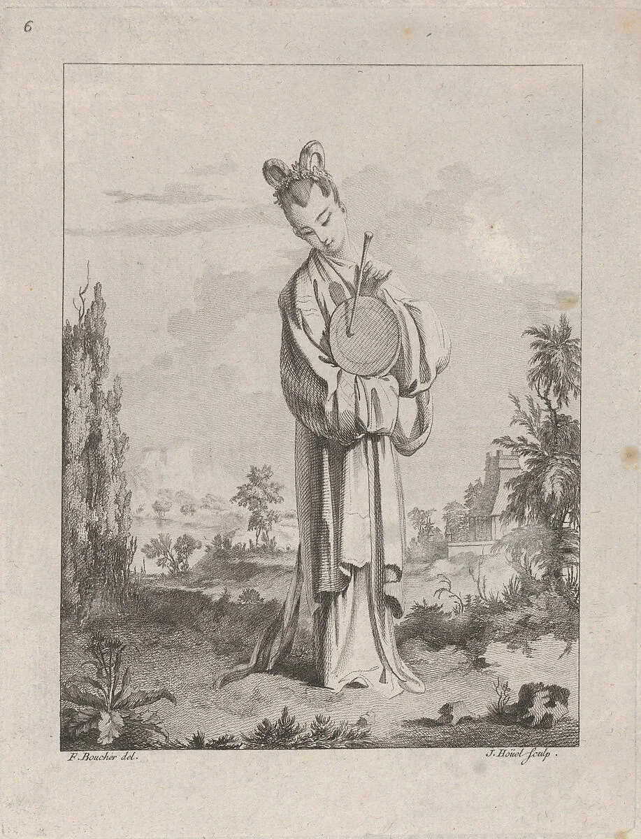 Chinoiserie with a woman playing a gong, from Suite de Figures Chinoises. . .Tiré du Cabinet de Mr. d'Azaincourt (Series of Chinoiserie Figures. . .From the Chambers of Mr. d'Azaincourt), plate 6 — Gilles Demarteau|François Boucher|Jean Pierre Louis Laurent Hoüel