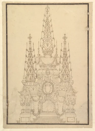 Elevation of a Catafalque, Three Obelisks with Fluer-de-lys and Candles, Dated on Plaque at Bottom 1733.