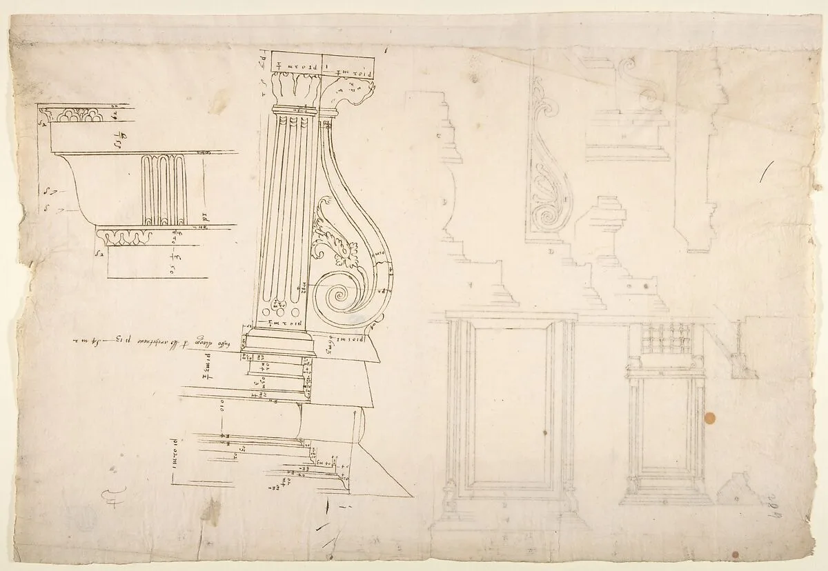 Palazzo Massimo alle Colonne, fireplace, details; Unknown, cornice, profile (recto) Palazzo Massimo alle Colonne, door and window, details (verso) — Anonymous, French, 16th century