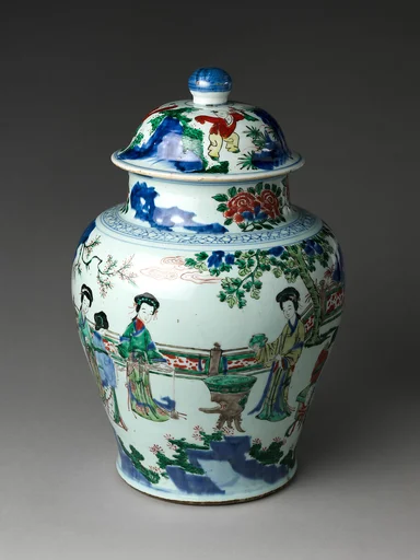 清順治 景德鎮窯青花五彩仕女圖罐|Jar with women at leisure