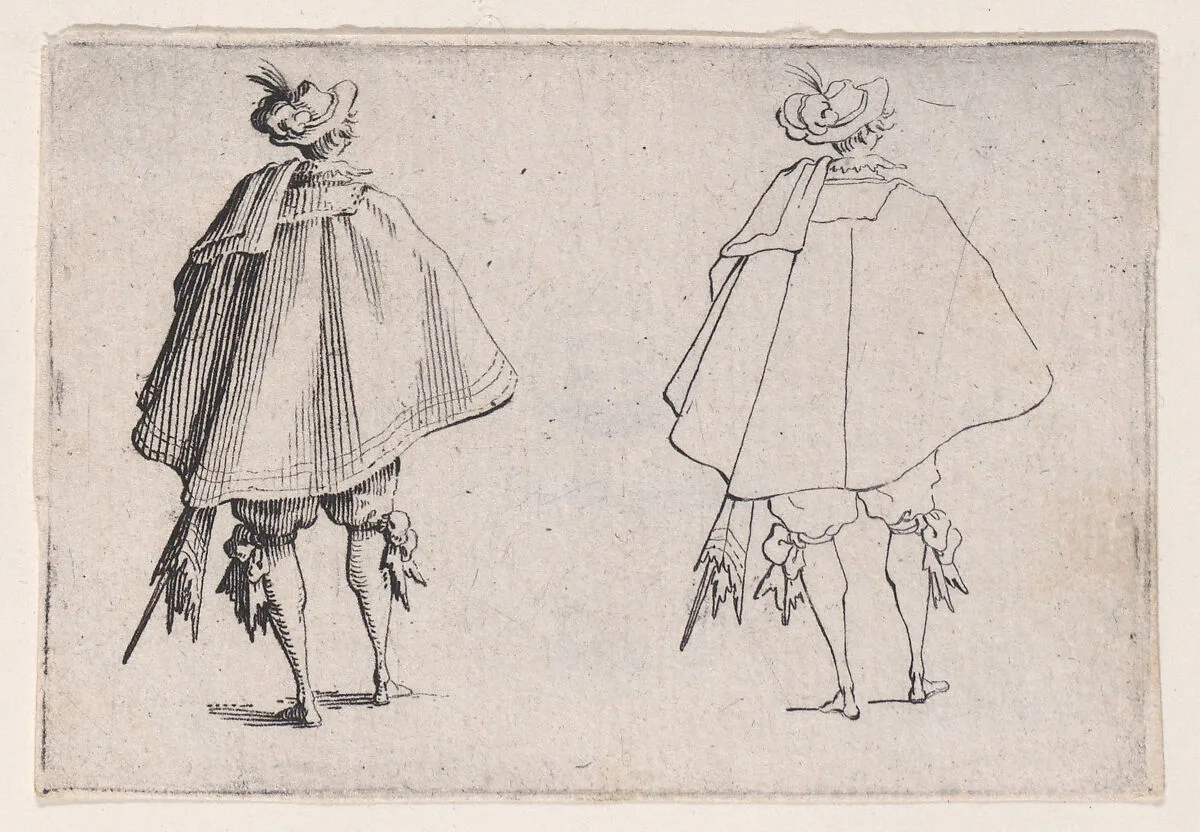 Le Gentilhomme au Grand Manteau, Vu de Dos (The Gentleman with the Large Mantle, Seen from Behind), from Les Caprices Series A, The Florence Set — Jacques Callot|Lorenzo de' Medici