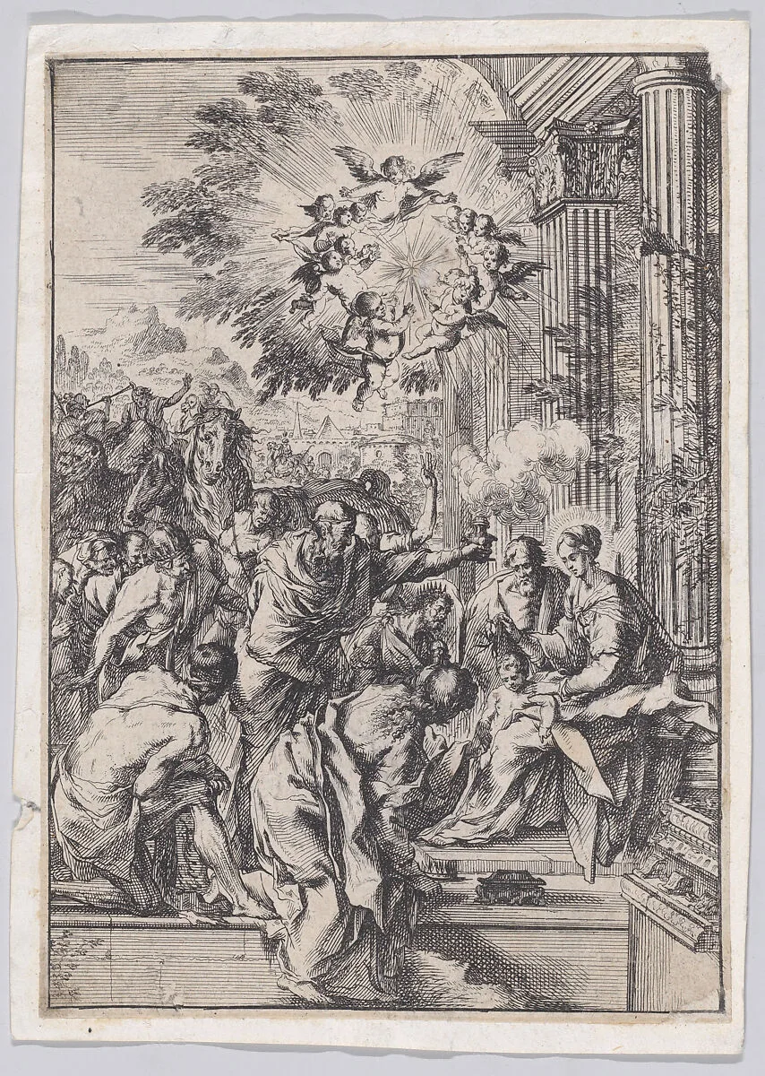 The Adoration of the Magi, set before and architectural colonnade — Pietro Testa