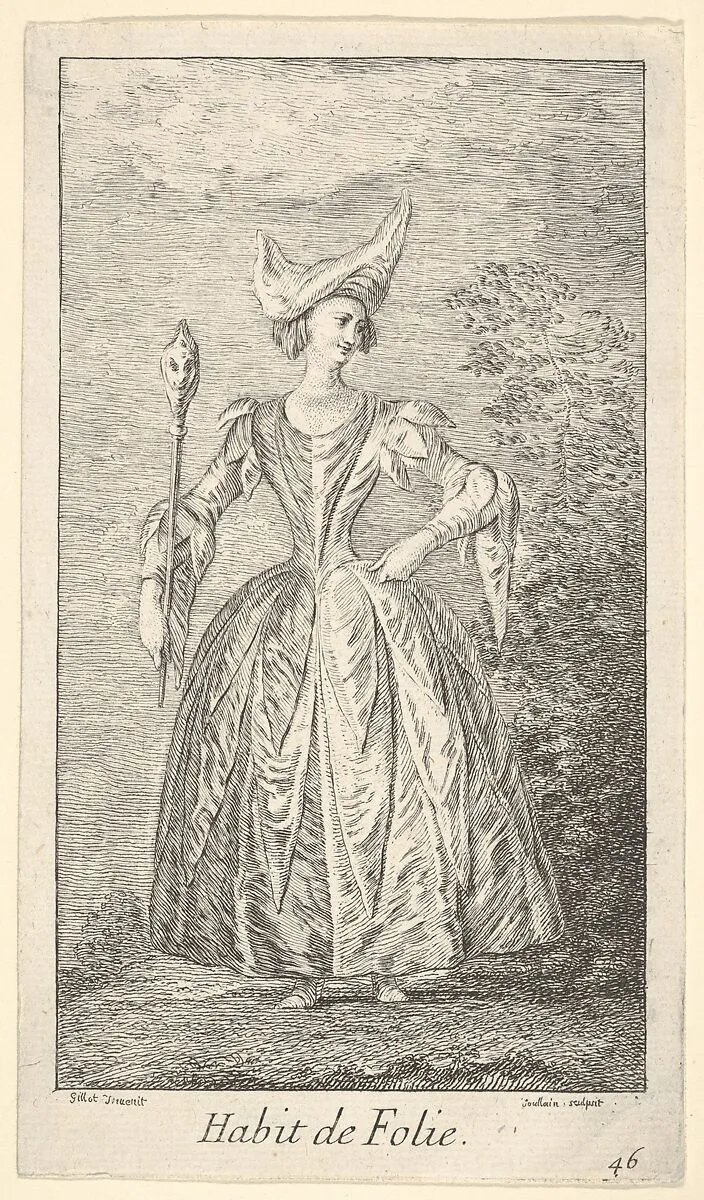 Plate 46: Habit de Folie: a woman in a ballet pose, wearing a bonnet and holding a marotte in her right hand, from 'New designs for costumes' (Nouveaux desseins d'habillements à l'usage des balets operas et comedies) — Claude Gillot|François Joullain