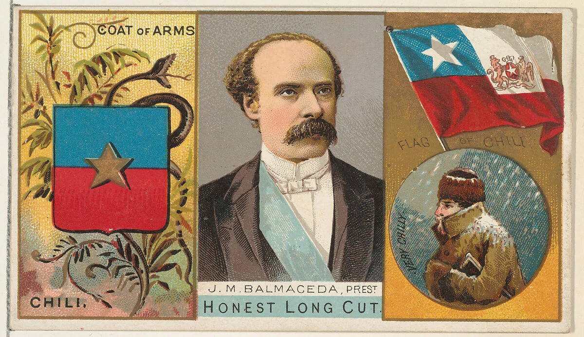 J. M. Balmaceda, President of Chili, from the Rulers, Flags, and Coats of Arms series (N126-1) issued by W. Duke, Sons & Co. — W. Duke, Sons & Co.