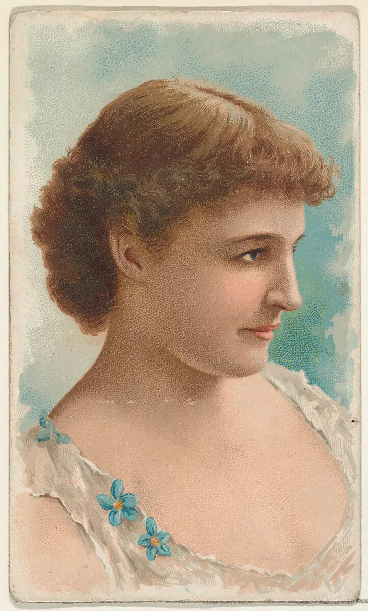 Actress wearing white sleeveless bodice with blue floral details, from Stars of the Stage, First Series (N129) issued by W. Duke, Sons & Co. to promote Honest Long Cut Tobacco — W. Duke, Sons & Co.|Knapp & Company