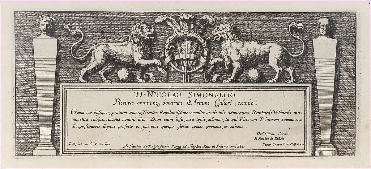 Title-page to a series of fifteen plates, with two lions over a scroll facing a ring rounded by three feathers, from a series of 15 plates depicting Raphael's works for the Vatican stanze and the Sistine Chapel tapestries — Pietro Santi Bartoli|Raphael (Raffaello Sanzio or Santi)|Giovanni Giacomo De Rossi