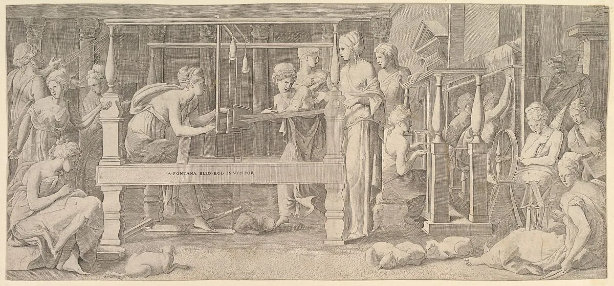 Women spinning, weaving and sewing — Master FG|Francesco Primaticcio