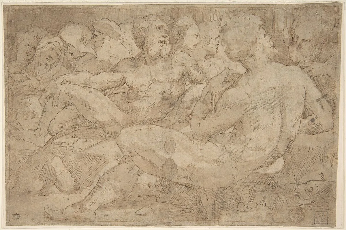 Copy in Reverse Design Orientation: Based on the Group of Reclining Figures at Left in Domenico Beccafumi's Scene of Moses Striking the Rock in the Pavement of Siena Cathedral — Domenico Beccafumi