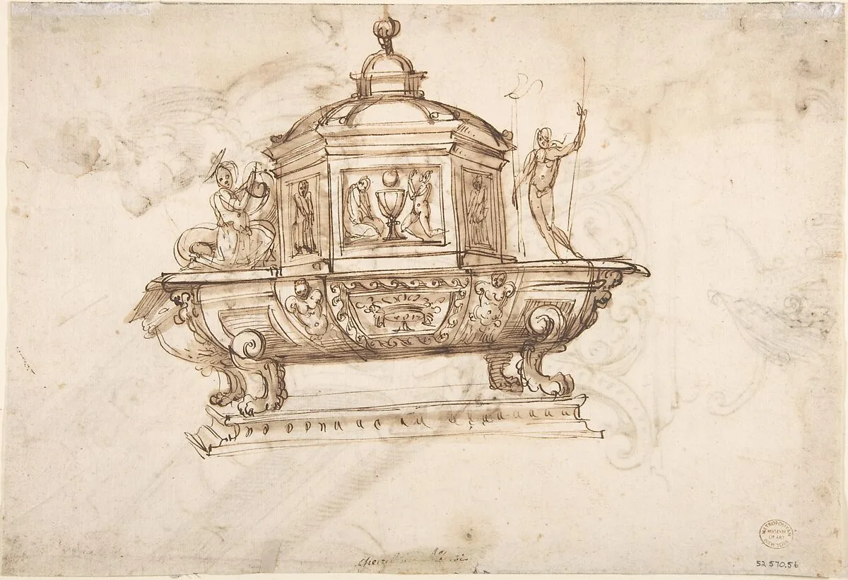 Design for a Liturgical Object with Statues of a Kneeling Saint and the Risen Christ (recto); Design for a Sepulcher (?) and Drawing of a Putto (verso). — Anonymous, Italian, 18th or early 19th century