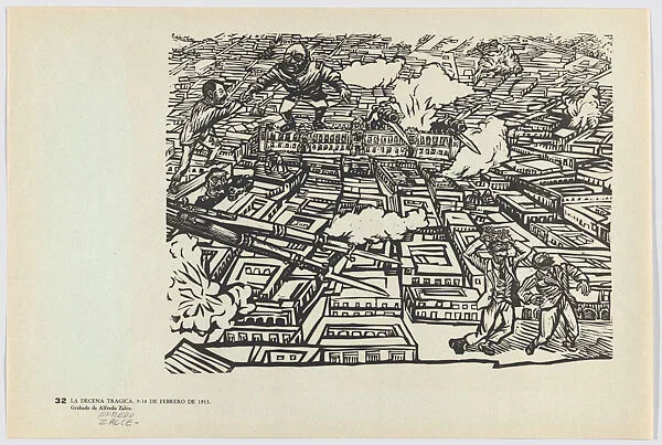 Plate 32: Allegory of the ten tragic days, 9-18 February 1913, from the portfolio 'Estampas de la revolución Mexicana' (prints of the Mexican Revolution) — Alfredo Zalce|Taller de Gráfica Popular