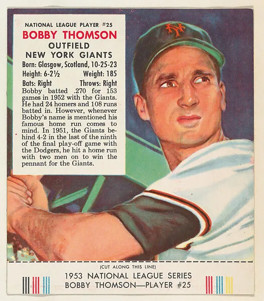 Bobby Thomson, from the Red Man All-Star Team series (T233), issued by Red Man Chewing Tobacco — Red Man Chewing Tobacco